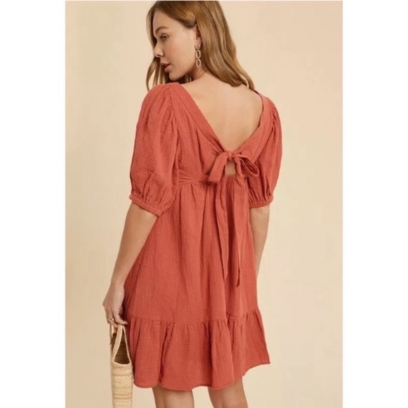 SOLD OUT Burnt Coral Gauze Boho Ruffle Babydoll Dress - Picture 6 of 7